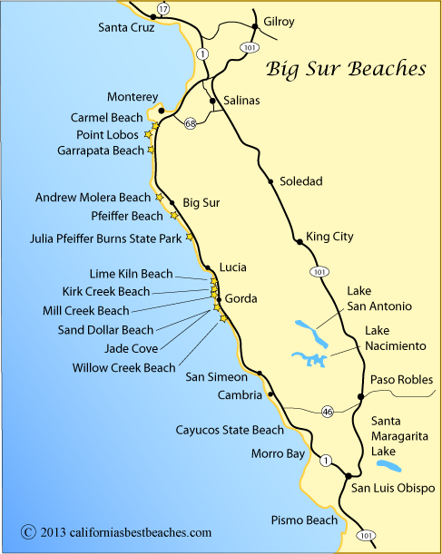 Map showing the Big Sur Coast from San Luis Obispo to Santa Cruz, CA