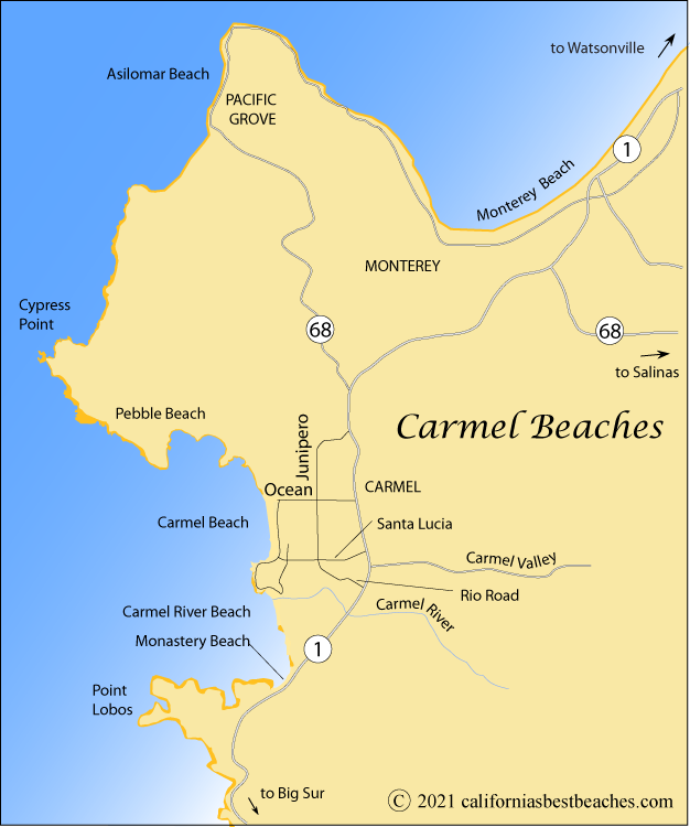 map of Carmel beaches and Monterey Peninsula, California