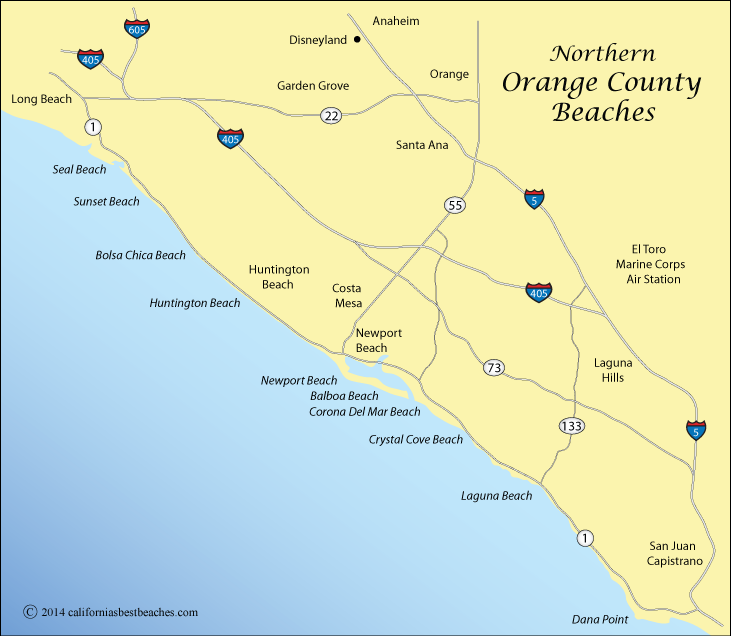 Map of Northern Orange County beaches, California