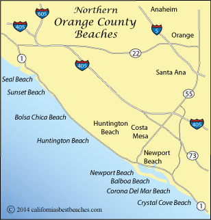 map of northern Orange  County beaches, California