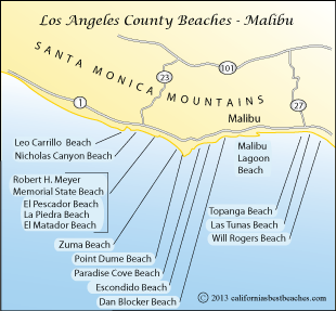 map of Malibu beaches, Los Angeles County, CA