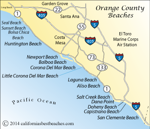 map of Orange County beaches, CA