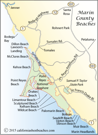 map of Marin County beaches, CA