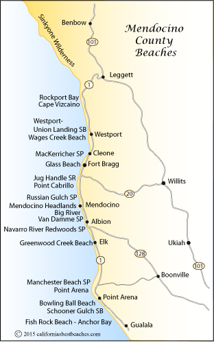 map of Mendocino County beaches, CA