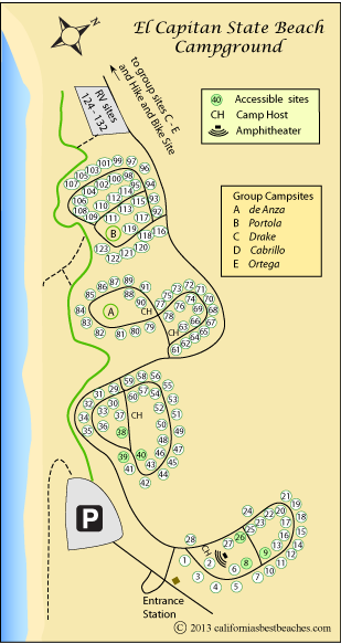 map of El Capitan State Beach campground, Santa Barbara County, CA
