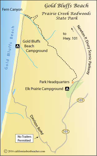 map of Gold Bluffs Beach, Prairie Creek Redwoods State Park, Humboldt County, CA