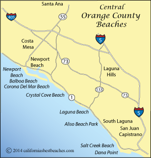 Map of Central Orange County beaches, California