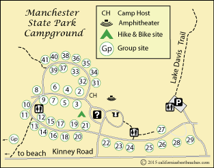 map of Manchester State Park campground, Mendocino County, CA