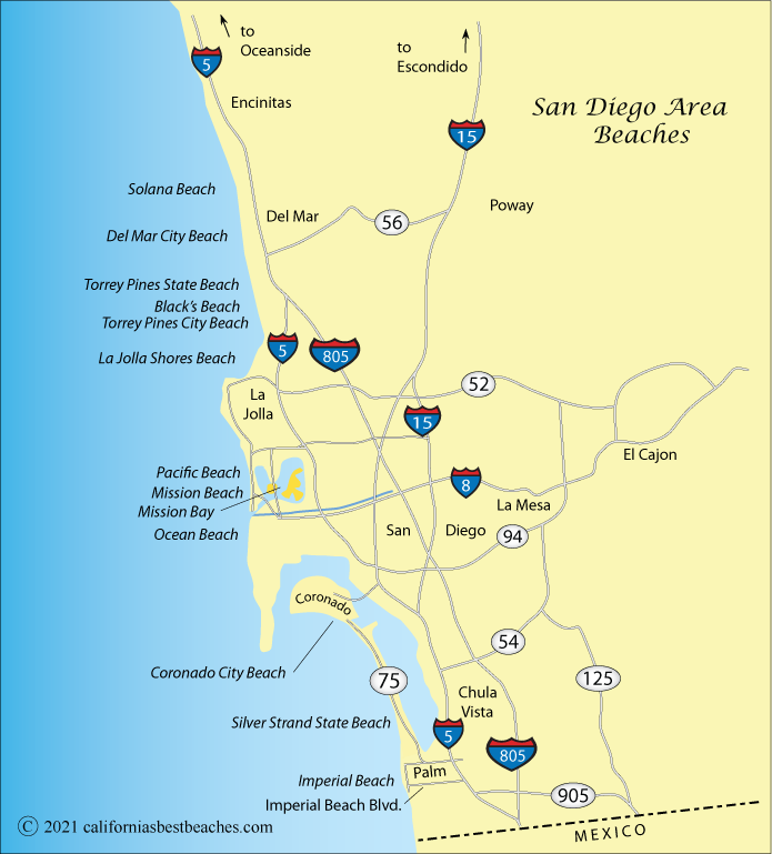Map of San Diego area beaches, California