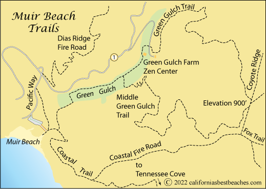 map of hiking trails around Muir Beach, Golden Gate National Recreation Area, CA