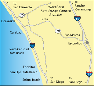 Map of northern San Diego County coast, Oceanside to Solano Beach, California