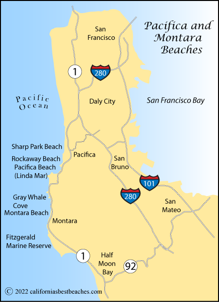 Map showing beaches around Pacific and Montara, CA