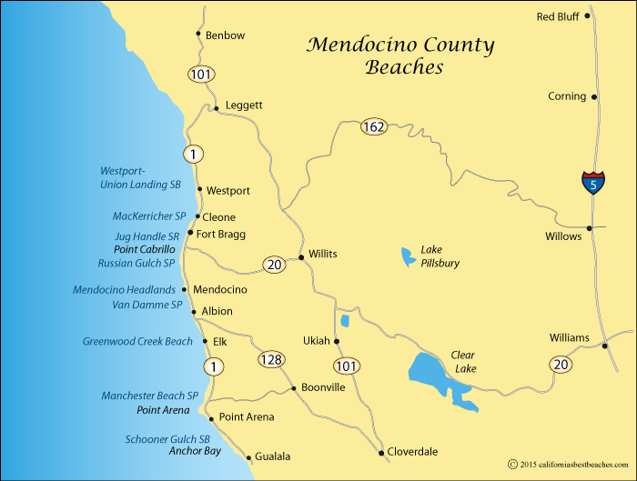 Map showing Mendocino County beaches, CA