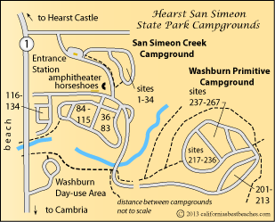 map of Hearst San Simeon State Park campgrounds, San Luis Obispo County, CA