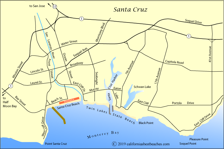 Map showing area around Santa Cruz Beach and  Santa Cruz Beach, Santa Cruz County, CA