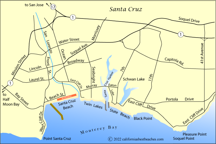 Map showing area around Santa Cruz Beach and  Santa Cruz Beach, Santa Cruz County, CA