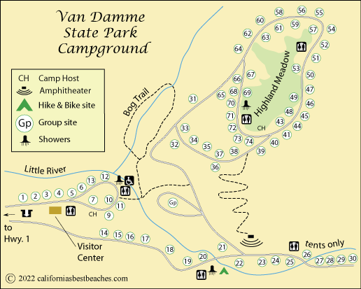 map of Van Damme State Park campground, Mendocino County, CA
