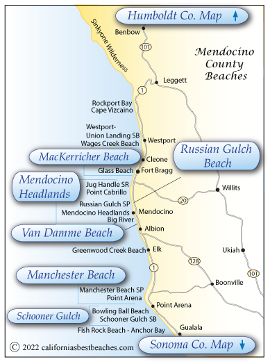 Map of beaches in Mendocino County, CA
