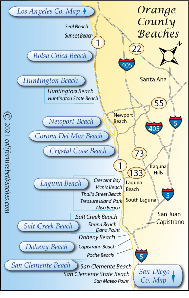 map showing beaches along the San Diego County beaches, California