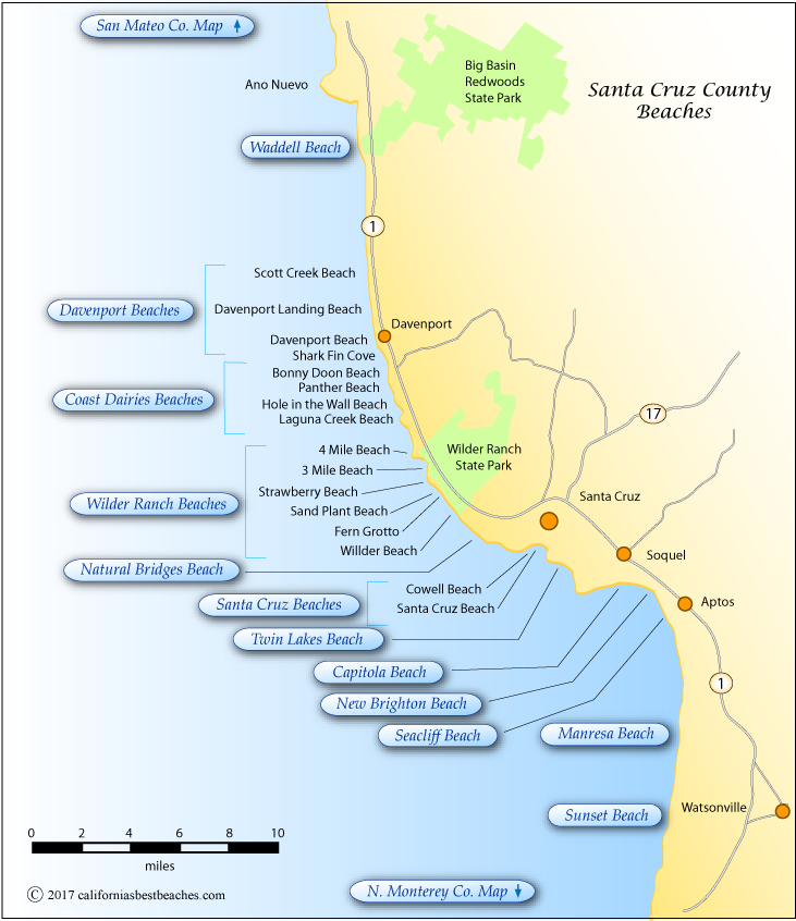 Map of beaches in Santa Cruz County, CA