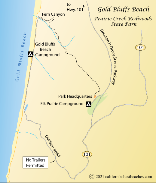 map showing Gold Blufs Beach in Prairie Creek Redwoods State Park, Humboldt County, CA
