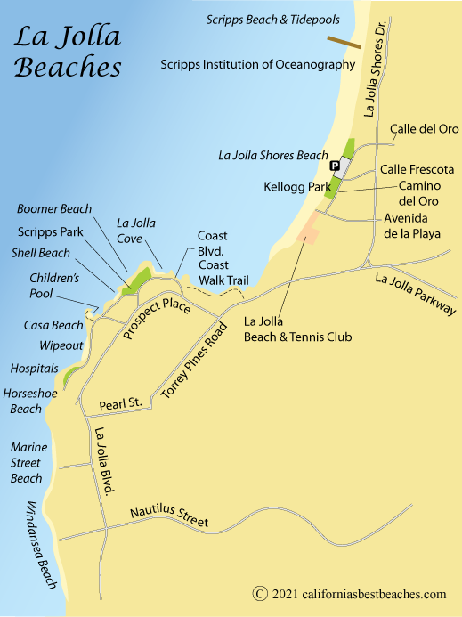 Map of beaches in La Jolla, San Diego County, CA