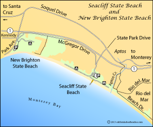 Map showing area around Seacliff Beach and New Brighton Beach, Santa Cruz County, CA