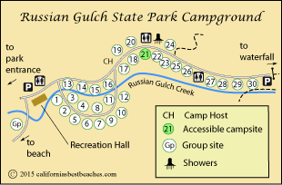 map of Russian Gulch State Park campground, Mendocino County, CA