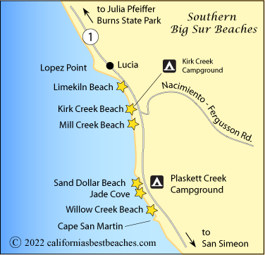 Map of southern Big Sur beaches, CA